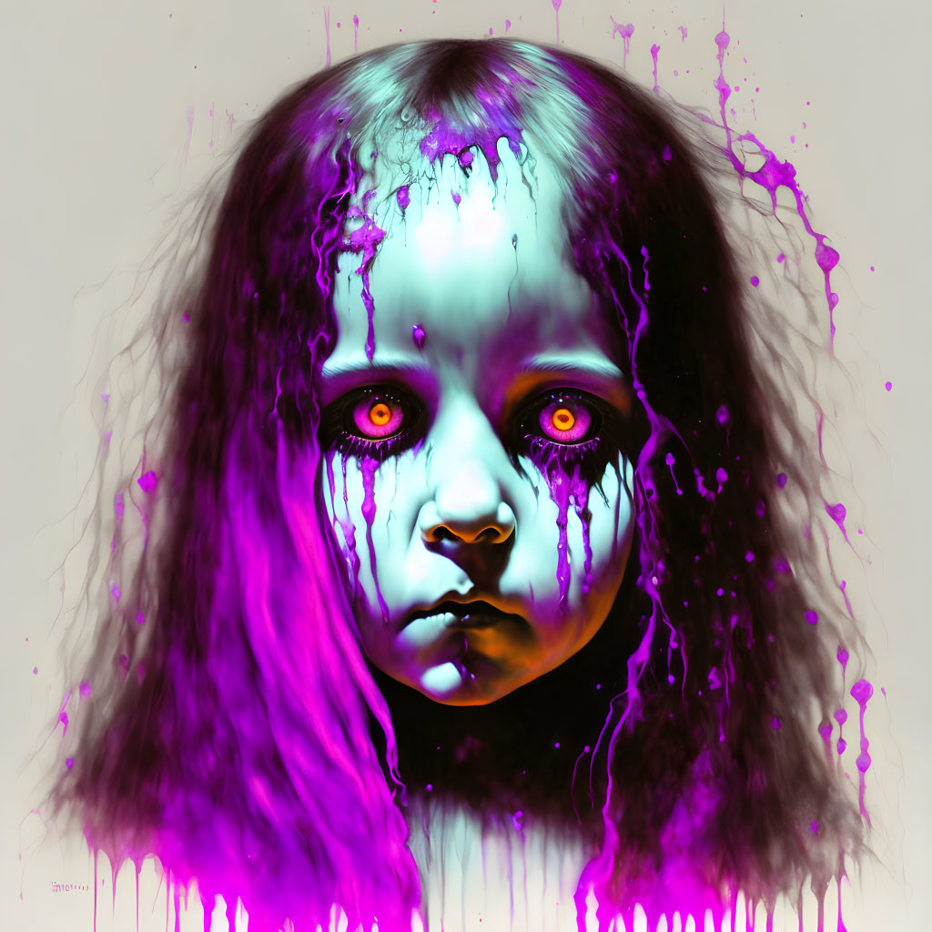 Digital portrait of girl with purple eyes and dripping liquid on plain background