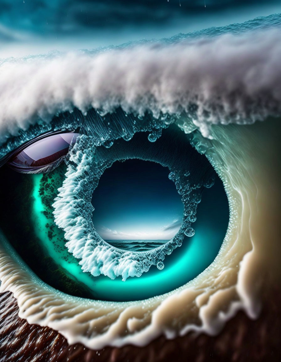 Surreal image: human eye merged with ocean wave in vortex