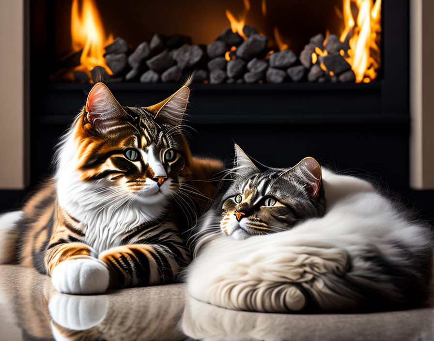 Fluffy Maine Coon Cats Relaxing by Fireplace