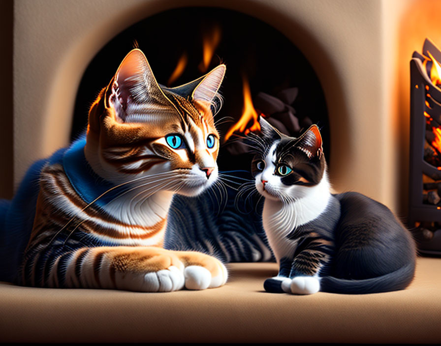 Colorful Fur Cats Relaxing by Fireplace