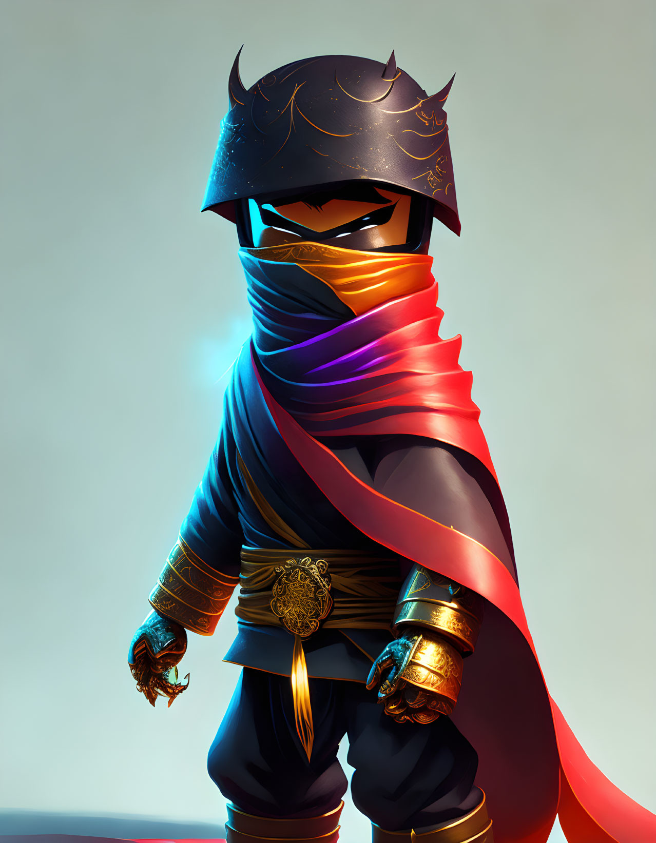 Stylized ninja character with dark helmet, gold accents, red scarf