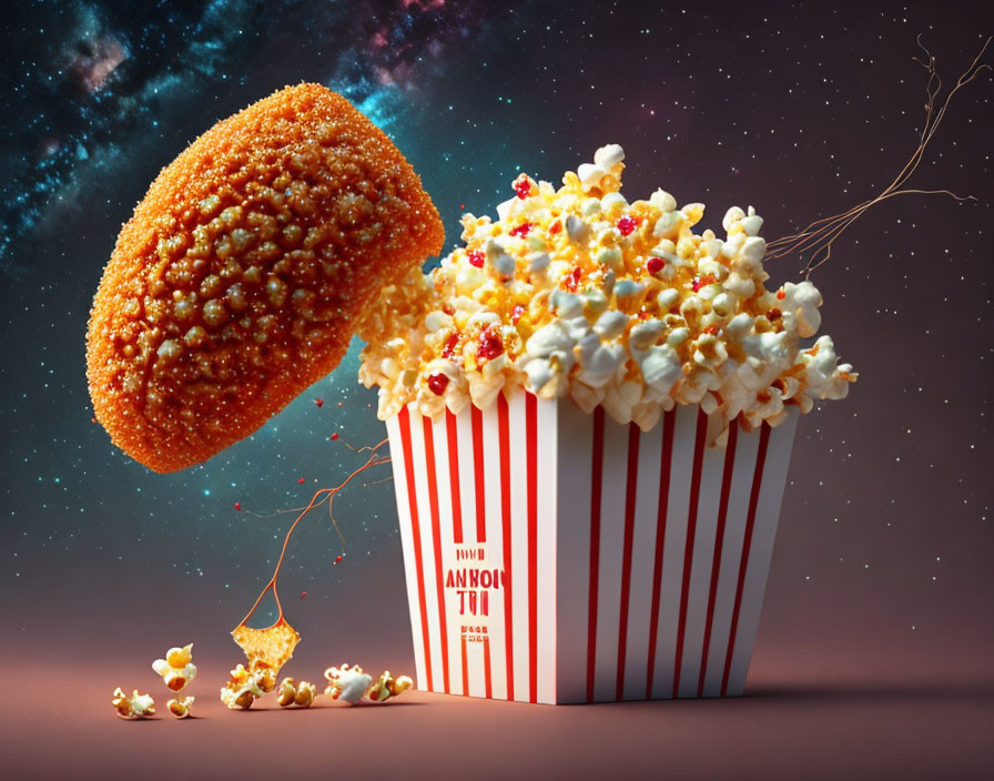 Bucket of Popcorn with Oversized Chicken Nugget under Cosmic Sky