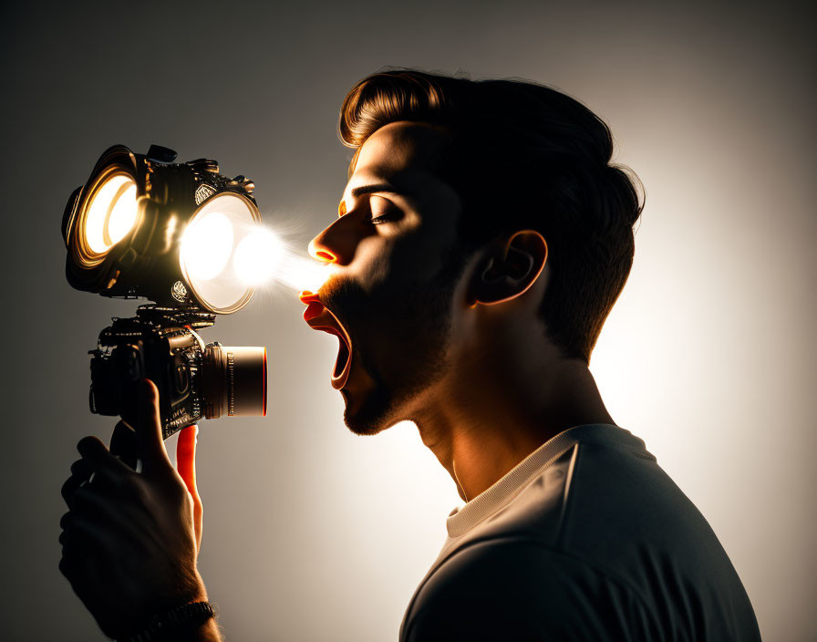 Man Pretending to Shout into Camera Flash with Dramatic Backlight