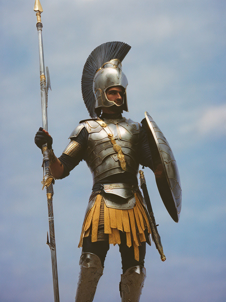 Ancient Greek warrior in helmet, holding spear and shield, against sky.