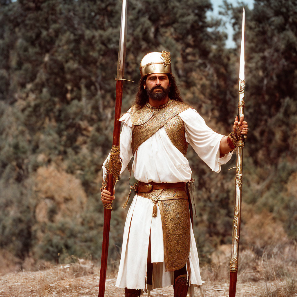 Medieval man in ornate armor and crown with spears in forest landscape