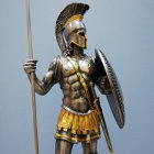 Ancient Greek warrior in helmet, holding spear and shield, against sky.