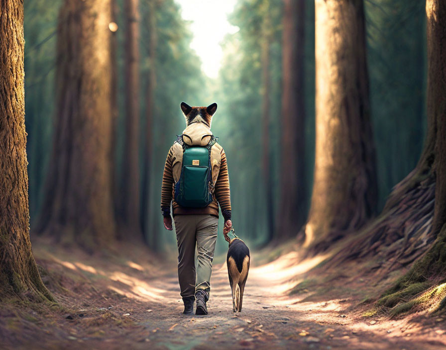 Human with Dog Head Leads Antelope on Forest Path