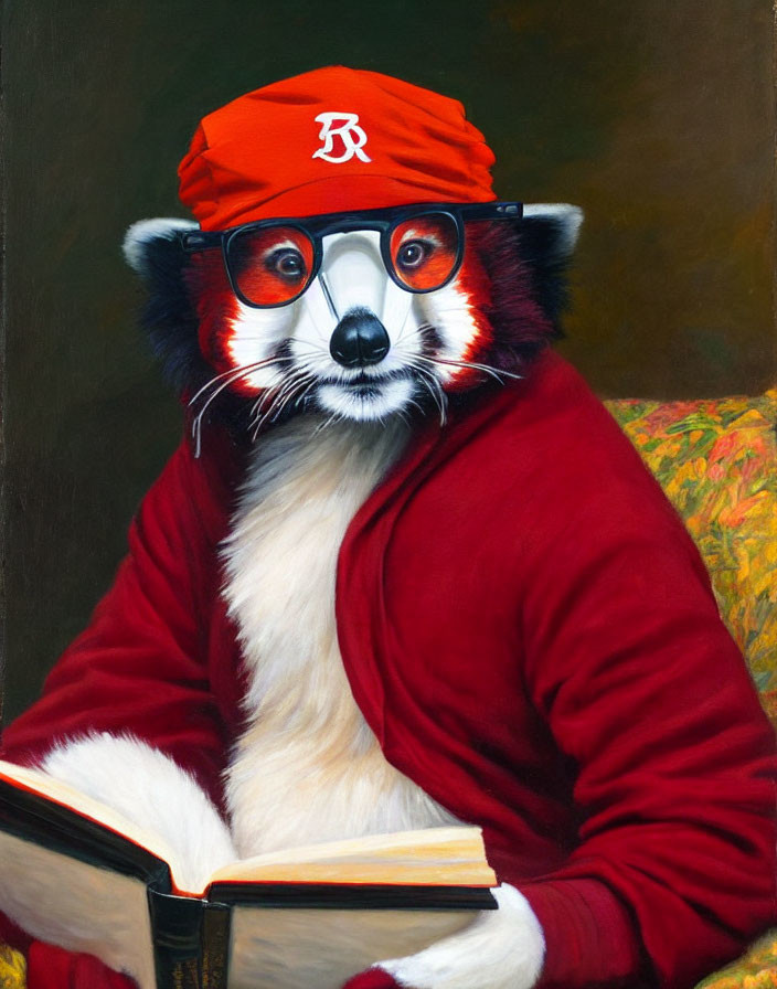 Red panda portrait with red hat, glasses, book, and jacket