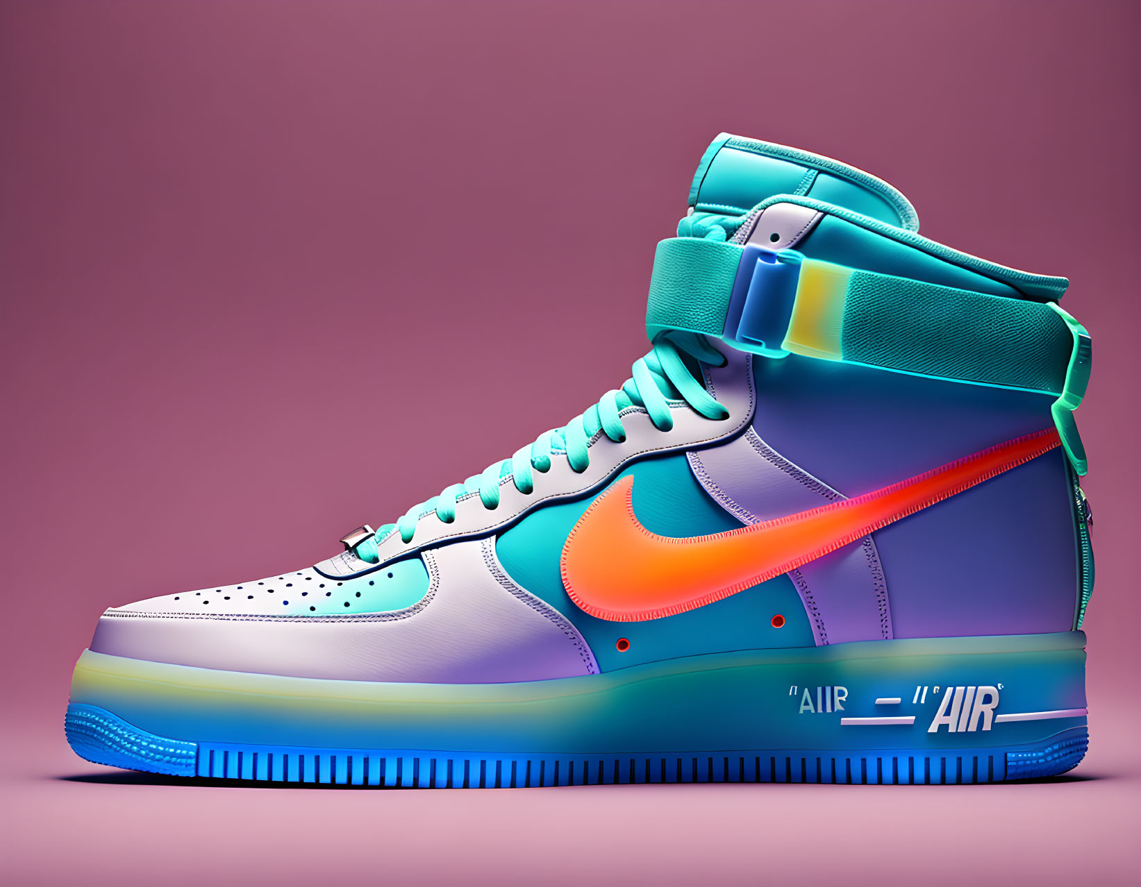 Colorful High-Top Sneaker with Purple to Teal Gradient and Orange Swoosh Logo