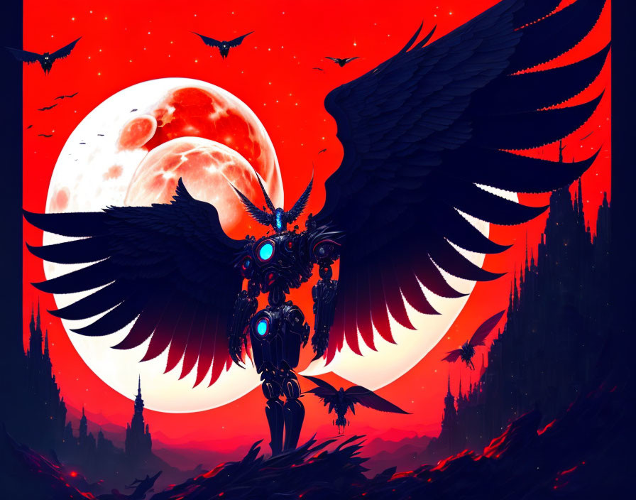 Robotic owl with outstretched wings against crimson sky and moon.