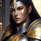 Detailed digital portrait of female warrior in golden armor with shield, set against ornate backdrop