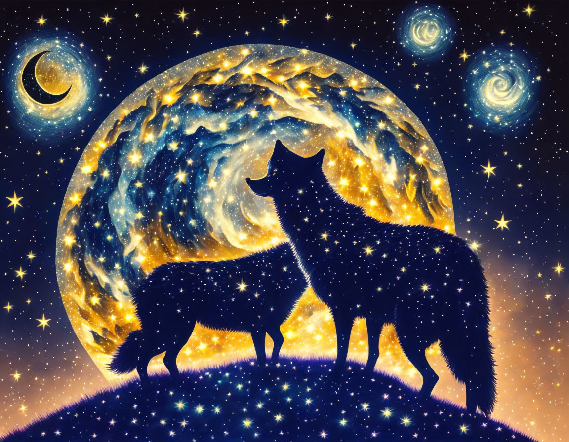 Silhouetted wolves on hill under starry night sky with galaxy backdrop