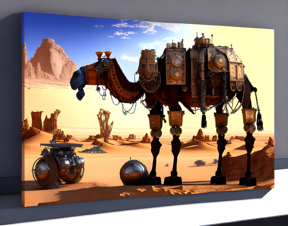 Mechanical Elephant Artwork on Canvas: 3D Design with Gears in Desert Setting