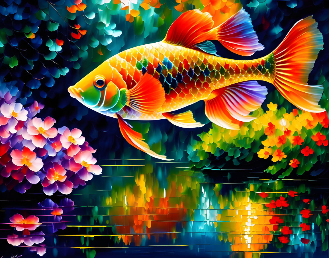 Colorful Goldfish Swimming Among Flowers in Digital Art