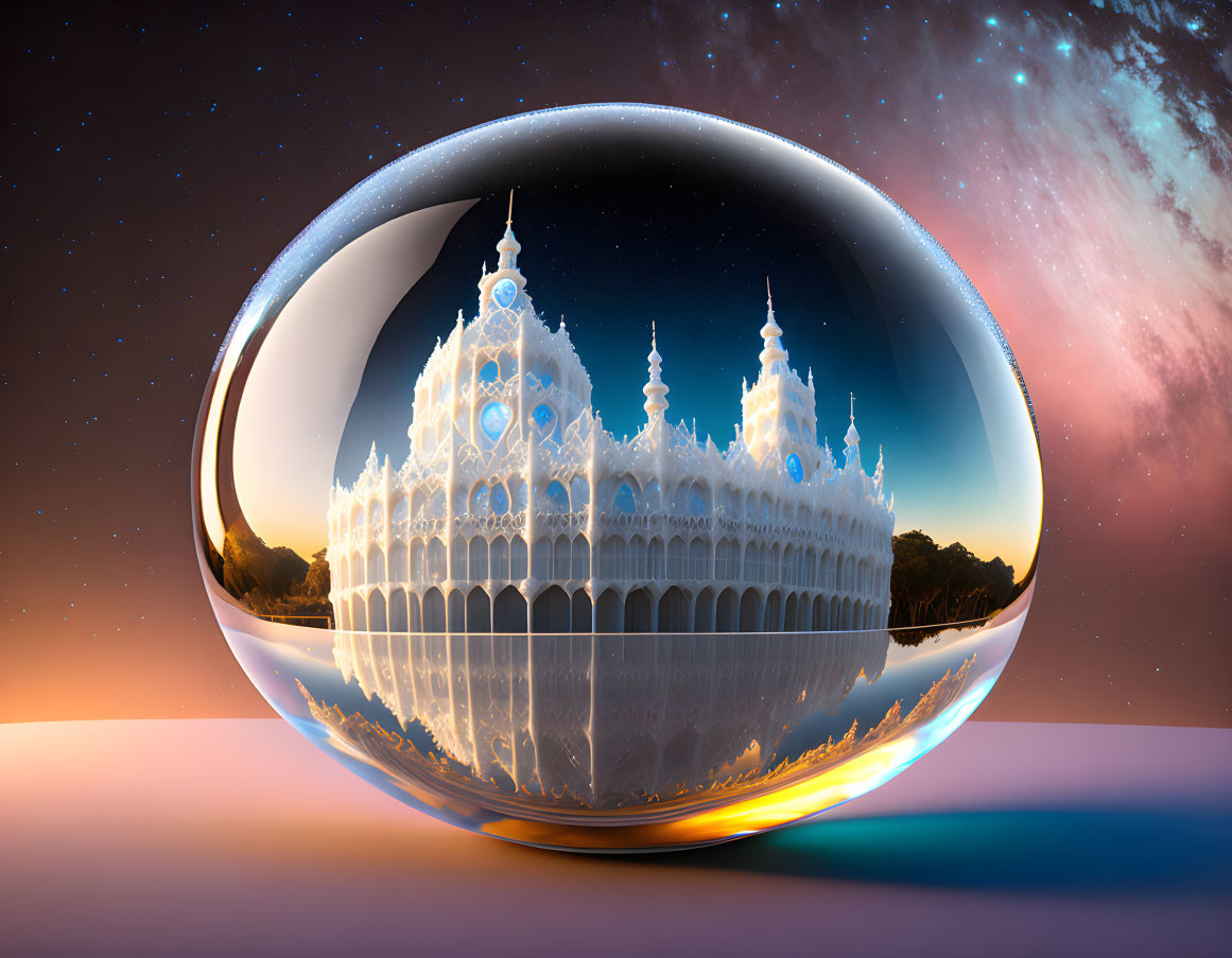 Intricate Palace Reflected in Crystal Ball at Twilight