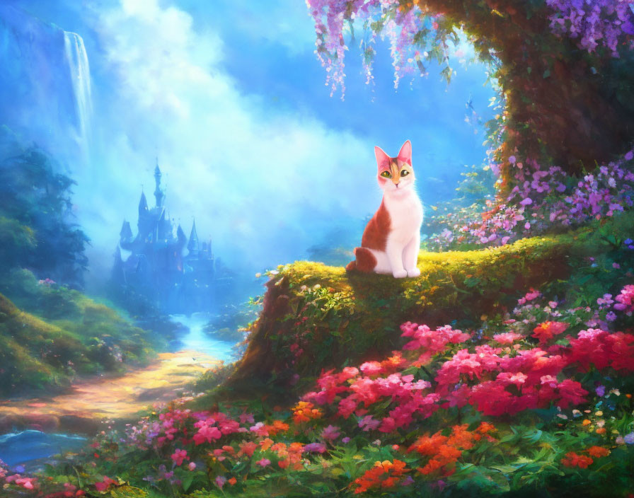 White and Orange Cat on Lush Hill with Fairytale Castle and Waterfall