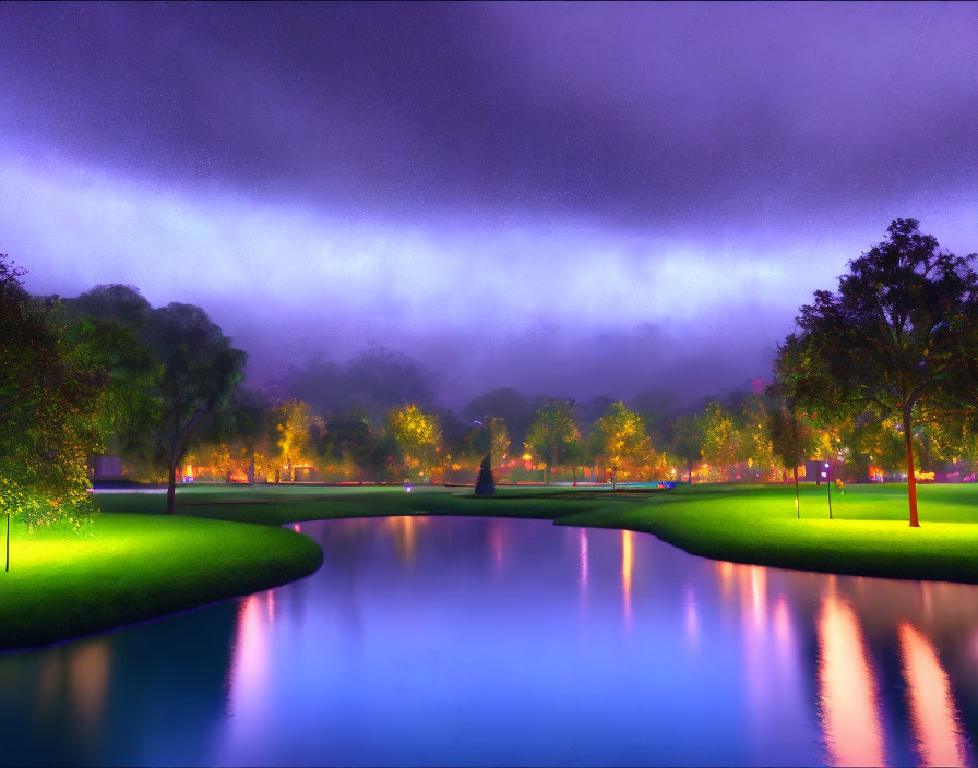 Tranquil Park at Dusk with Blue and Purple Lighting on River