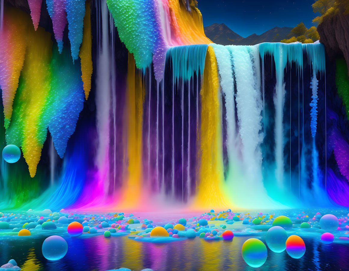 Colorful Neon-Lit Waterfall in Nighttime Fantasy Landscape