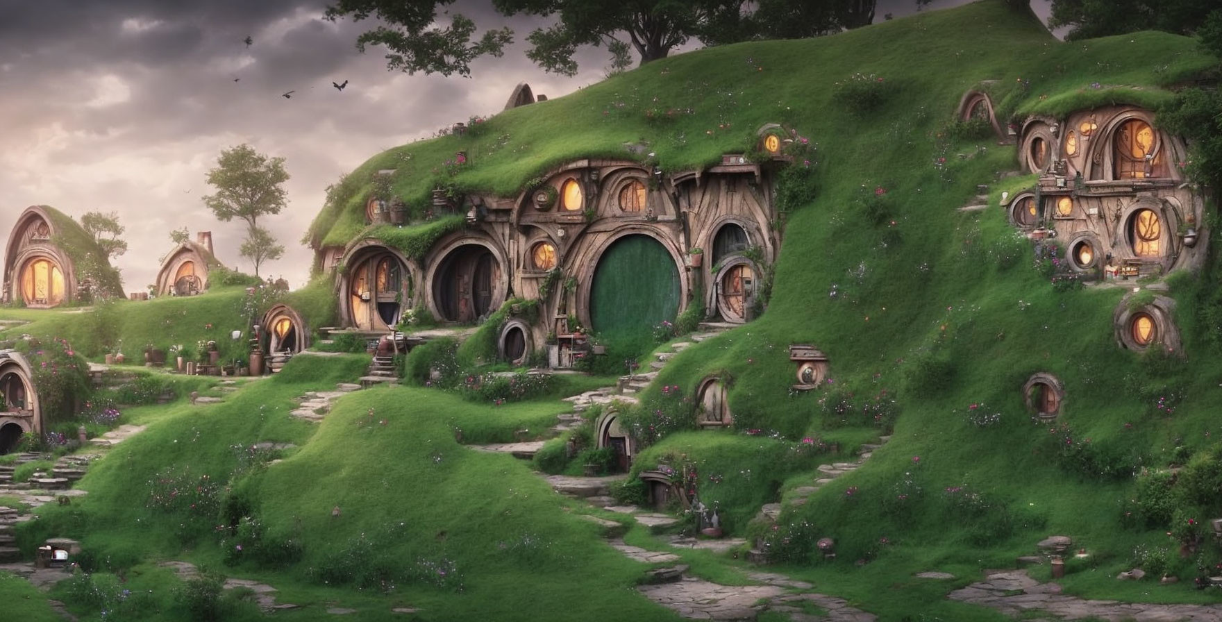 Whimsical hobbit-style homes in lush green hills