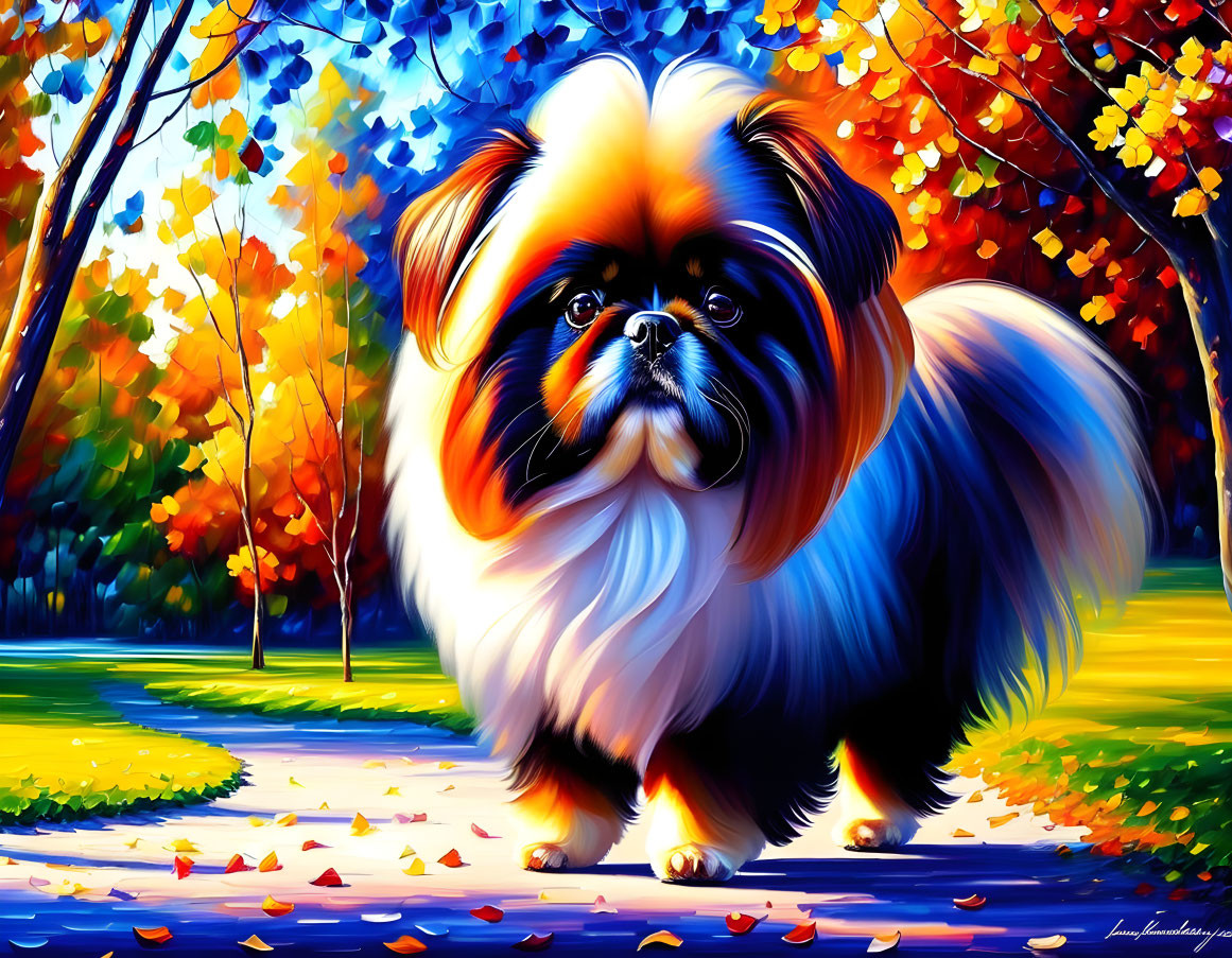 Colorful autumn park scene with fluffy black and white dog