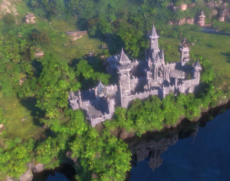 Stone castle with spires in lush cliff-top setting