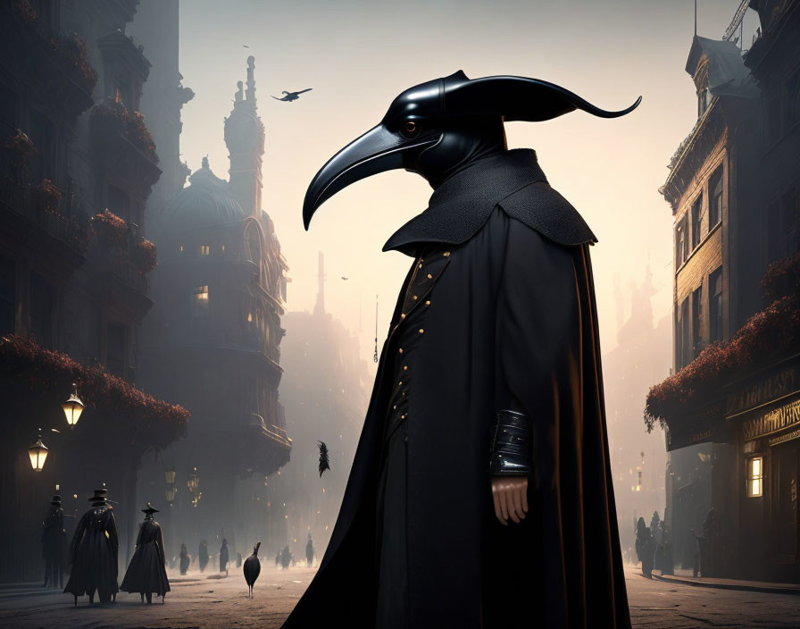 Plague Doctor Costume in Foggy European Street Scene