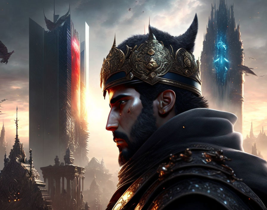 Regal armored man in profile with fantasy cityscape and magical elements