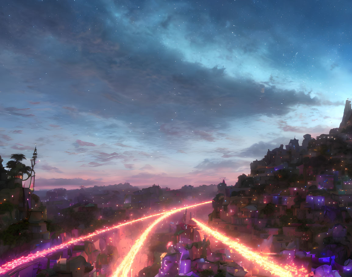 Fantastical cityscape at twilight with pink-tinged streets, starry sky, hills,