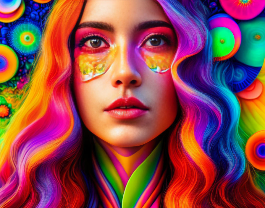 Colorful Portrait of Person with Multi-Colored Hair and Makeup Against Psychedelic Background