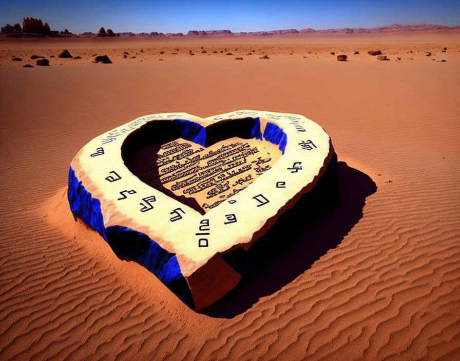 Heart-shaped Rock with Inscriptions on Desert Sand Background