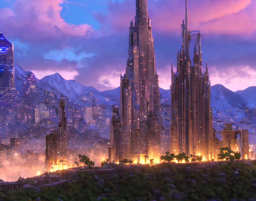 Futuristic cityscape at dusk with illuminated spires and snowy mountains