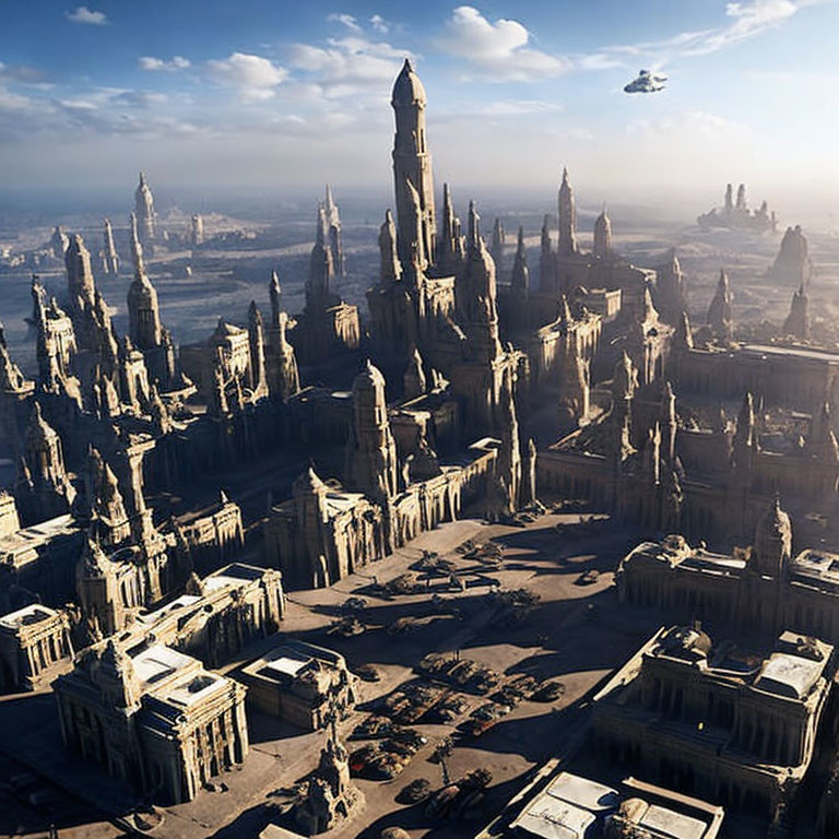 Futuristic cityscape with towering spires and flying vehicles