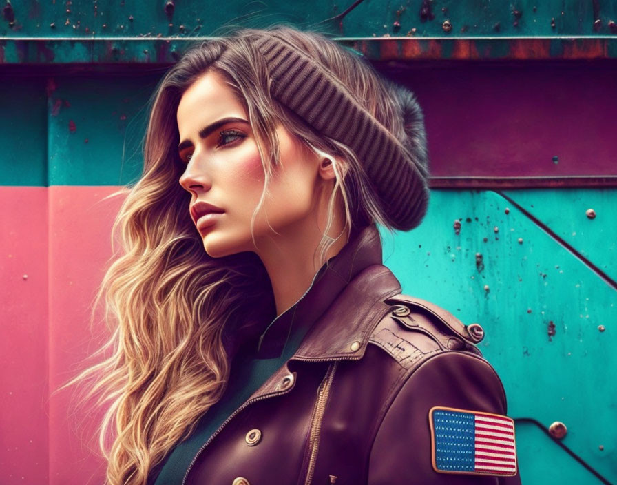 Blonde woman in brown leather jacket against colorful wall