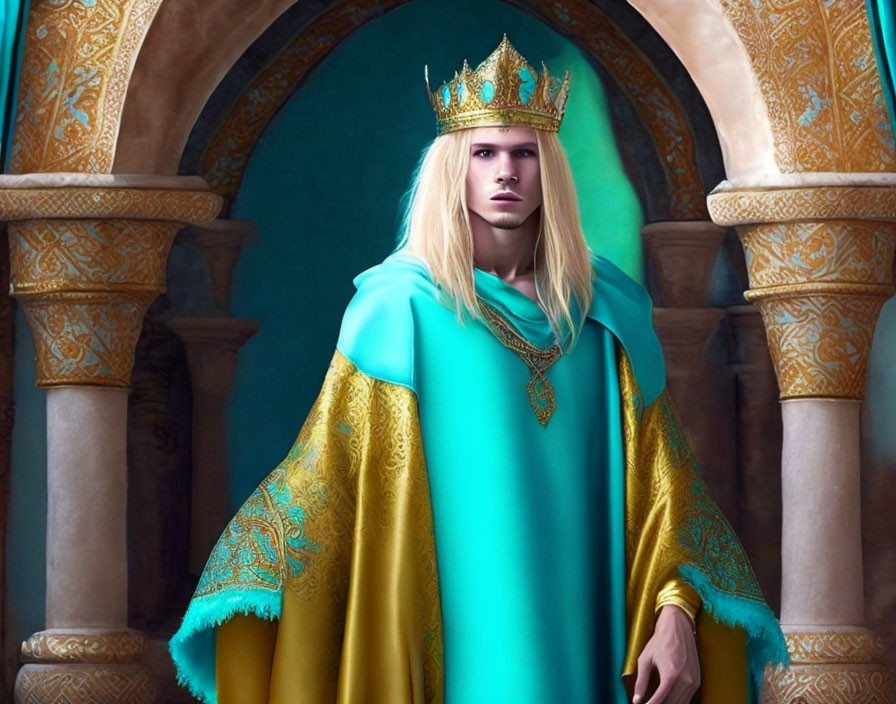 Blond-haired figure in golden crown and turquoise cloak in palace setting