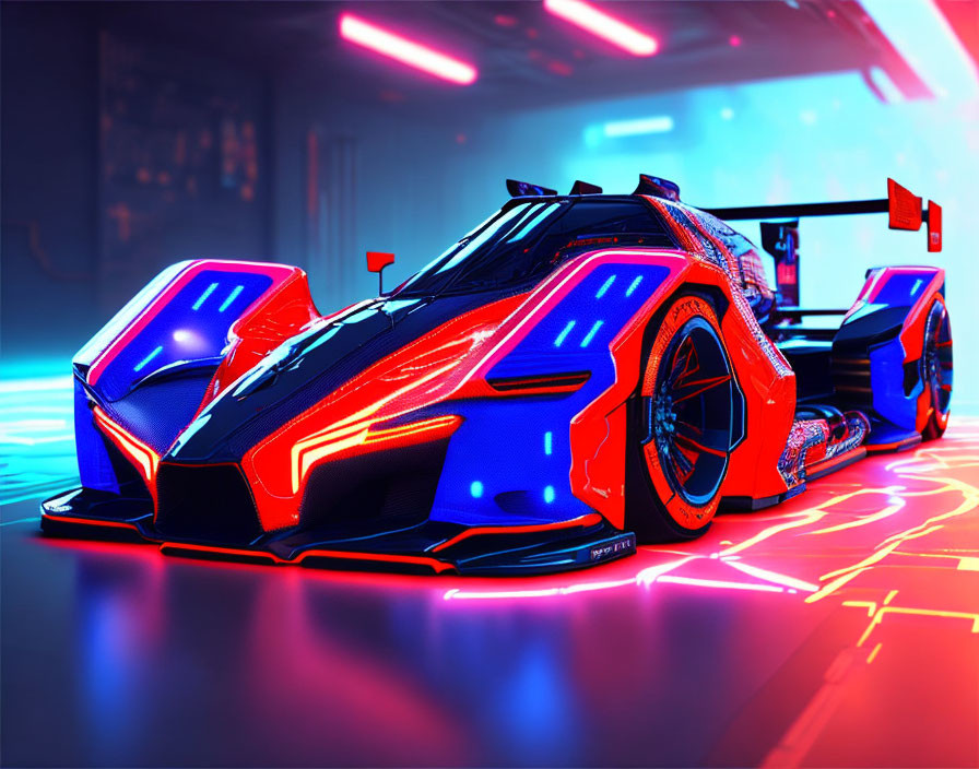 Futuristic race car with blue and red neon lights in cyberpunk setting