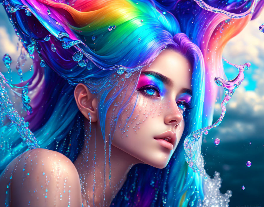 Colorful digital artwork: Woman with flowing rainbow hair and water droplets on blue background