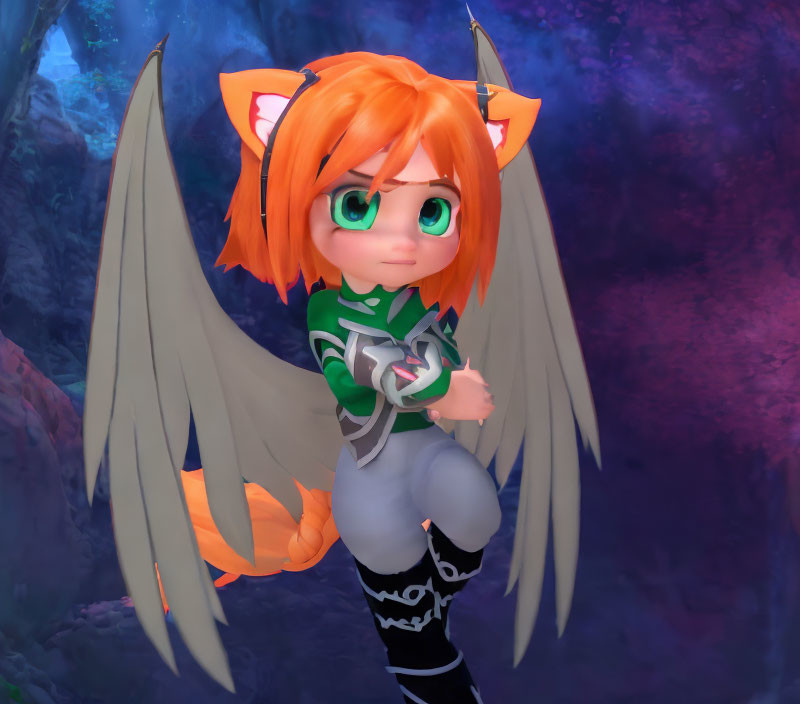 Orange-haired cat-eared character with green eyes and wings in fantasy setting