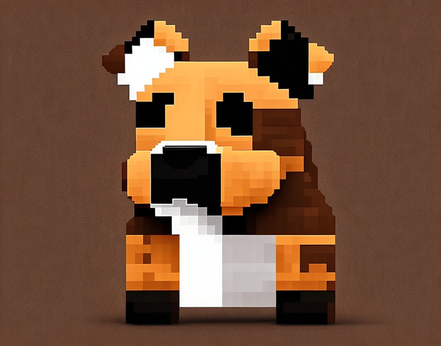 Stylized brown and white dog pixel art on brown background