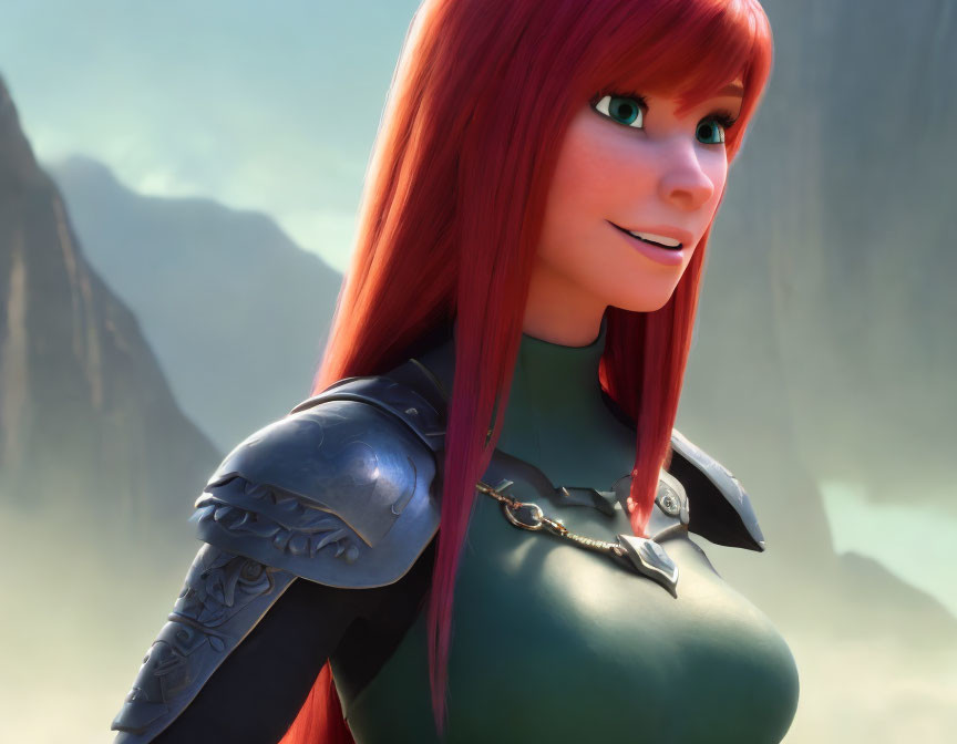 Bright Red-Haired Female Character in Armor and Chain in 3D Animation