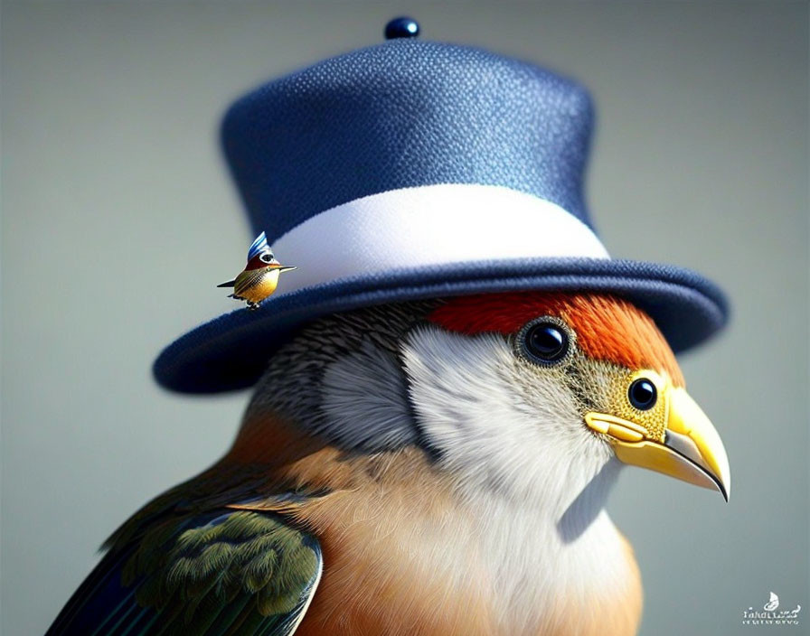 Orange-faced bird in blue hat with tiny bird perched on brim