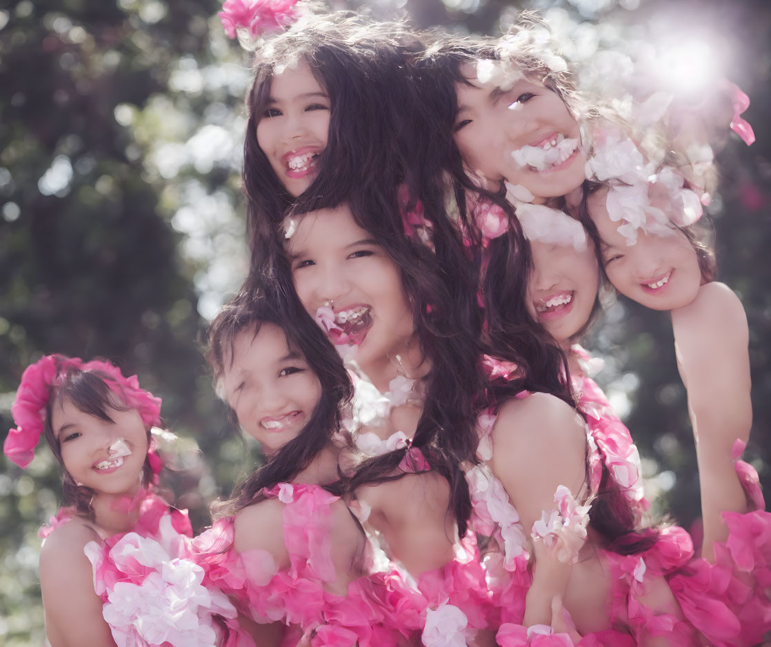 Double exposure portrait of girl with pink flowers in sunlit setting