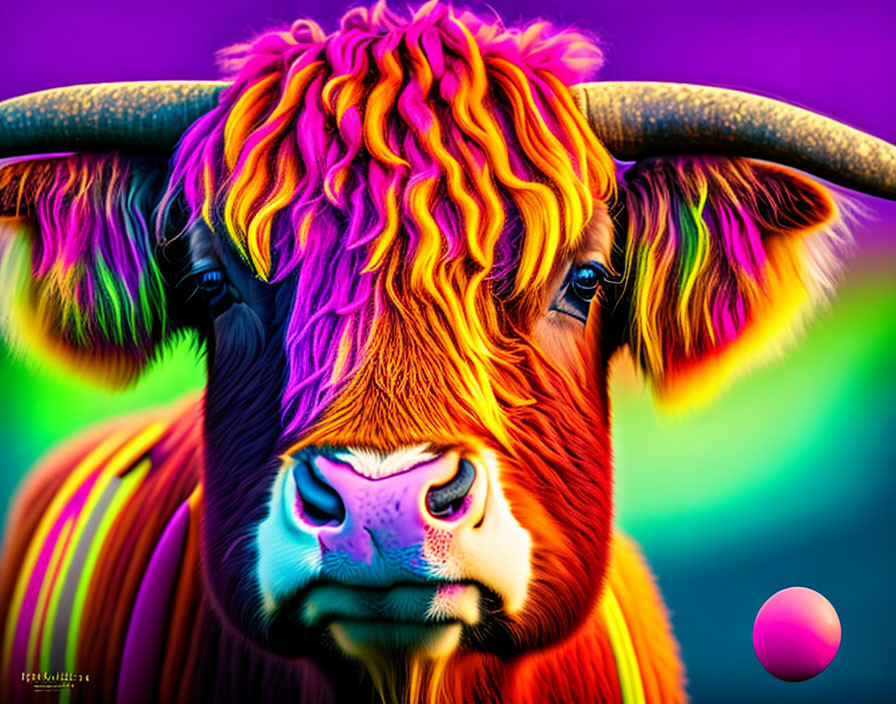 Vibrant Highland Cow Digital Artwork with Rainbow Colors