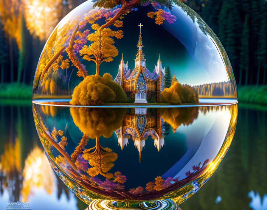 Crystal ball shows church in autumn forest reflection on water surface