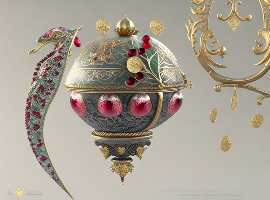 Intricately designed spherical object with dragon and pomegranate motifs