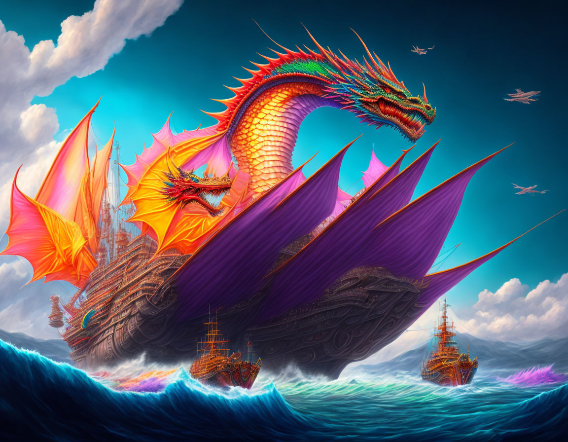 Colorful dragon integrated into ornate sailing ship on dynamic sea