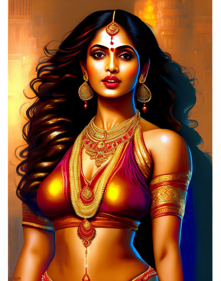 Traditional Indian Jewelry & Attire on Woman with Flowing Hair