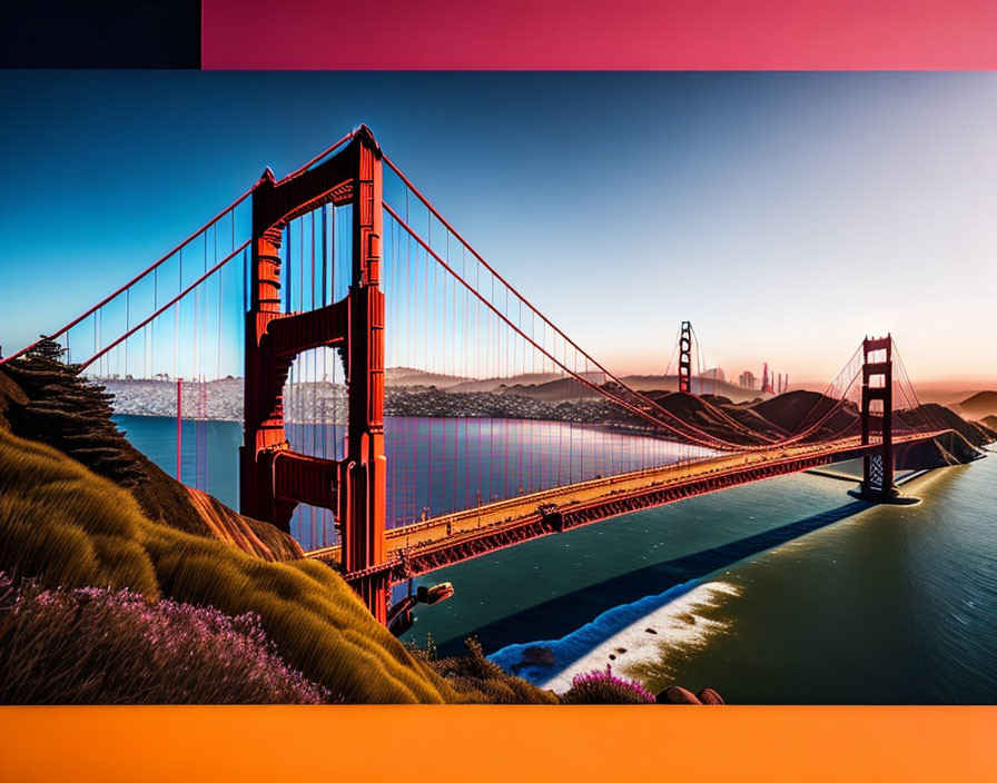 Iconic Golden Gate Bridge Sunset Overlooking Green Hills and Blue Waters