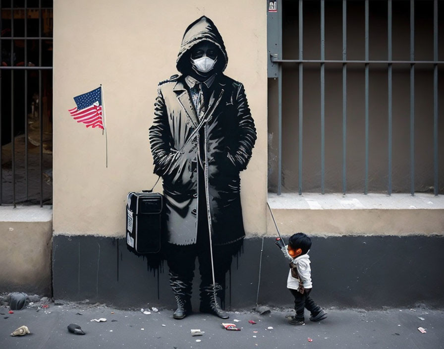 Child observing mural of cloaked figure with briefcase and US flag.