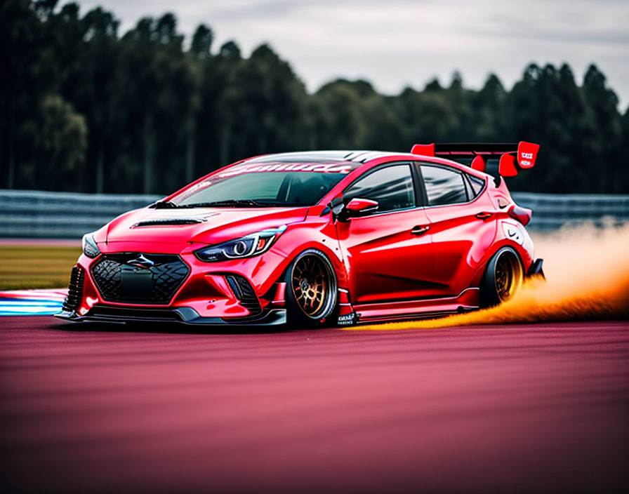 Red sports car with aerodynamic body kit and large rear wing racing on track.