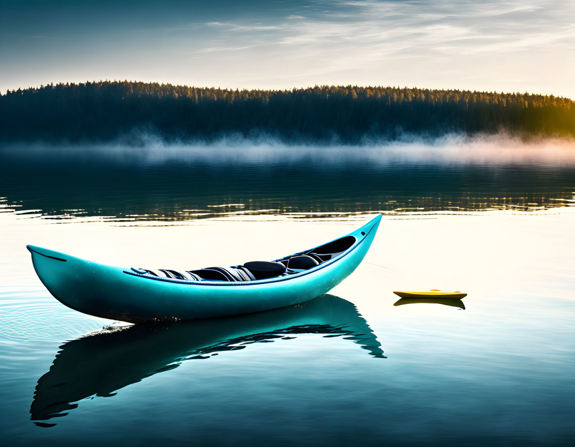 Tranquil sunrise scene: Blue canoe on serene lake with mist and forest.